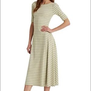 Lauren Ralph Lauren Blue & Cream Striped Fit & Flare Boatneck Stretch Midi Dress